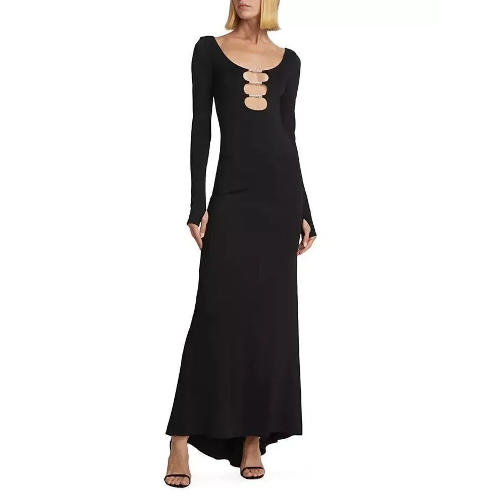 New Alice + Olivia Kalena Jersey Cut-Out Black Maxi Dress US Size 12